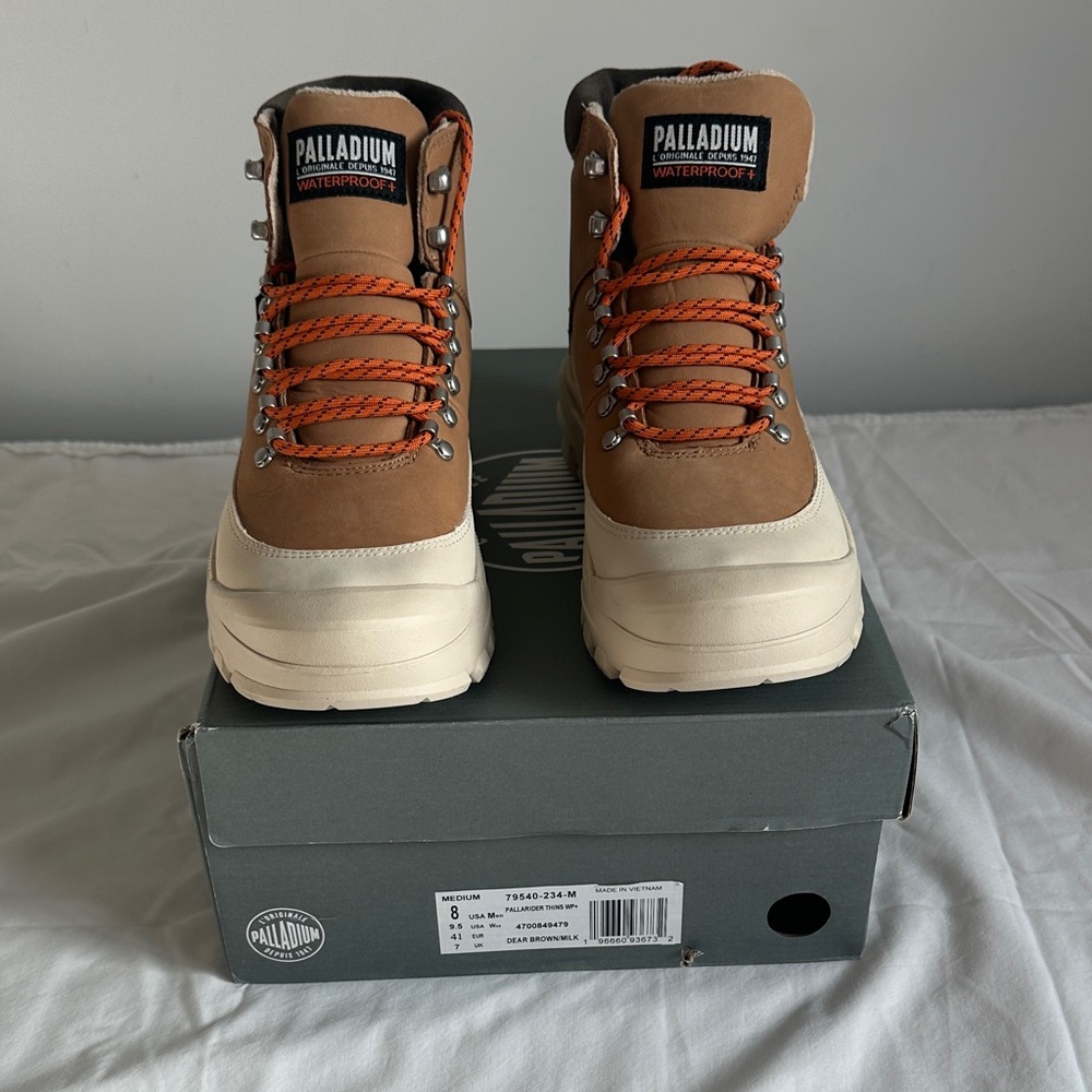 Palladium Tan and Cream Boots with Orange Laces